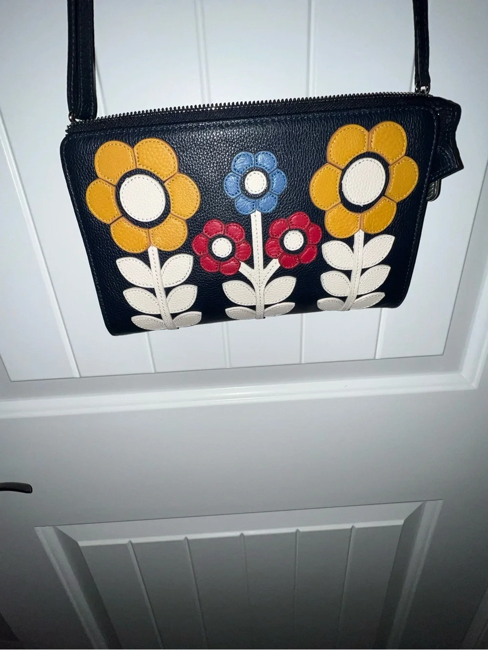 Brighton navy leather Floral Appliqué Crossbody Bag - Multicolor Flowers